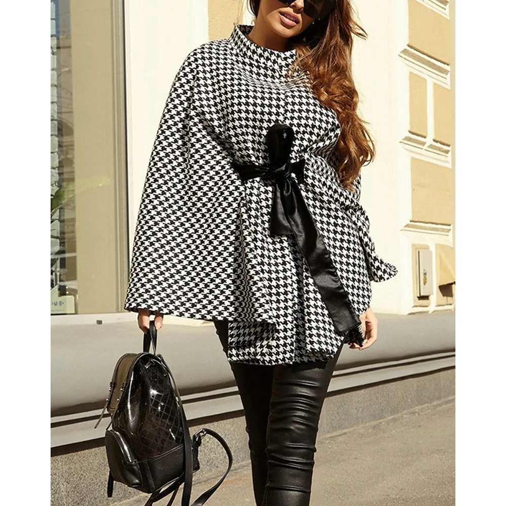 Women Houndstooth Print Loose Tied Detail Cloak Top Autumn Winter Elegant Clothing Street wear