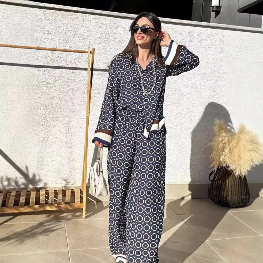 빈티지 프린트 팬츠 세트 봄 가을 여성 셔츠 + 와이드 레그 트라우저 투피스 세트 패션 트렌디 스트릿웨어 여성 정장 2025