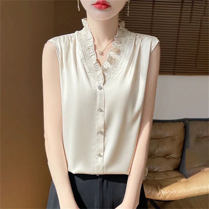 

Silk Sleeveless Vest Ladies Camisole Chinese Style Summer High-End V-Neck Shirt Lace Trim Tank Top Women's Outerwear Loose Tee