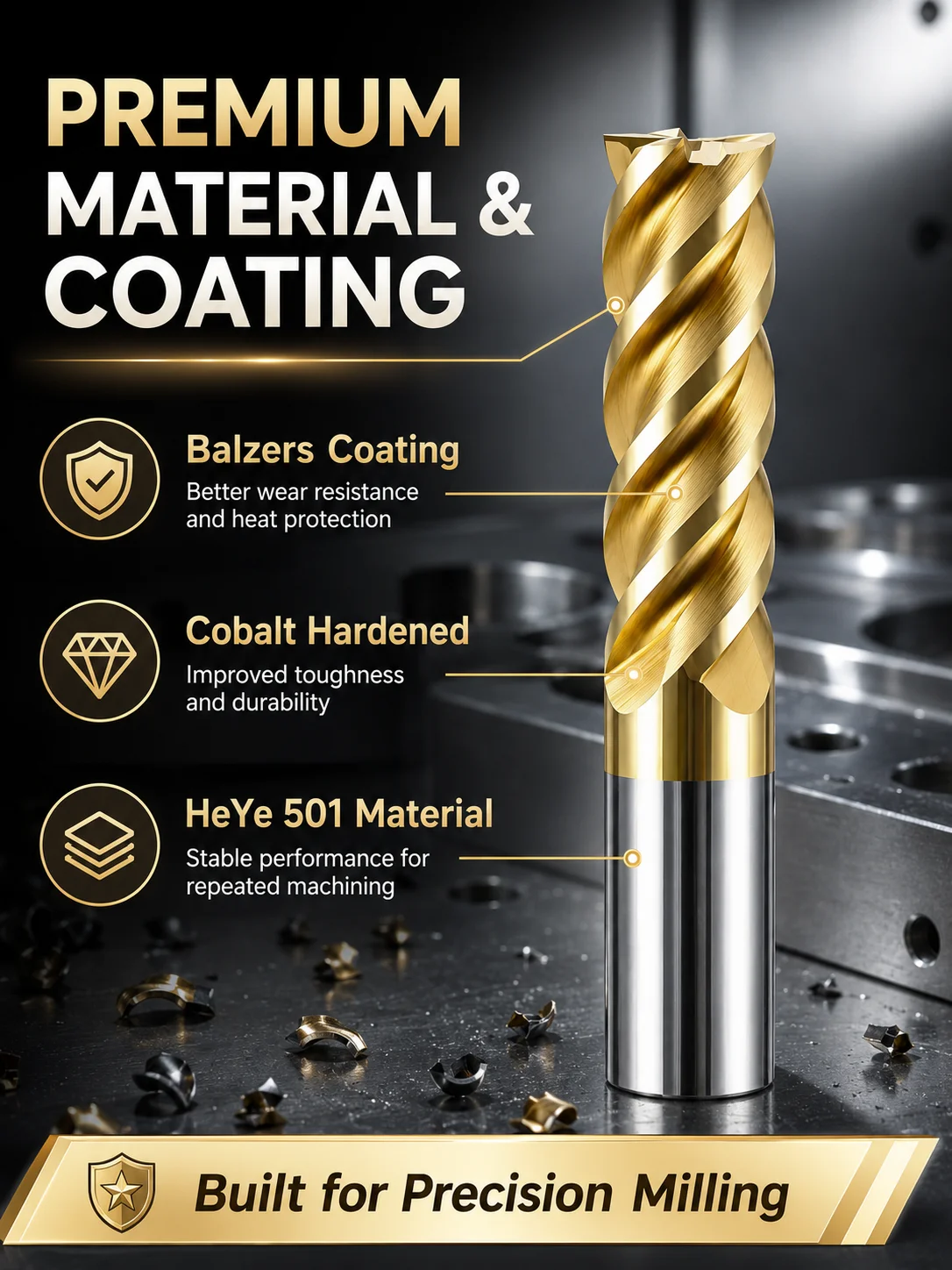 Balzers Beschichteter 4-Schneiden-Kobalt-HSS-Schaftfräser HeYe 501 Hochgeschwindigkeitsstahl-Fräser für CNC-Metallbearbeitungswerkzeuge – Detail 2