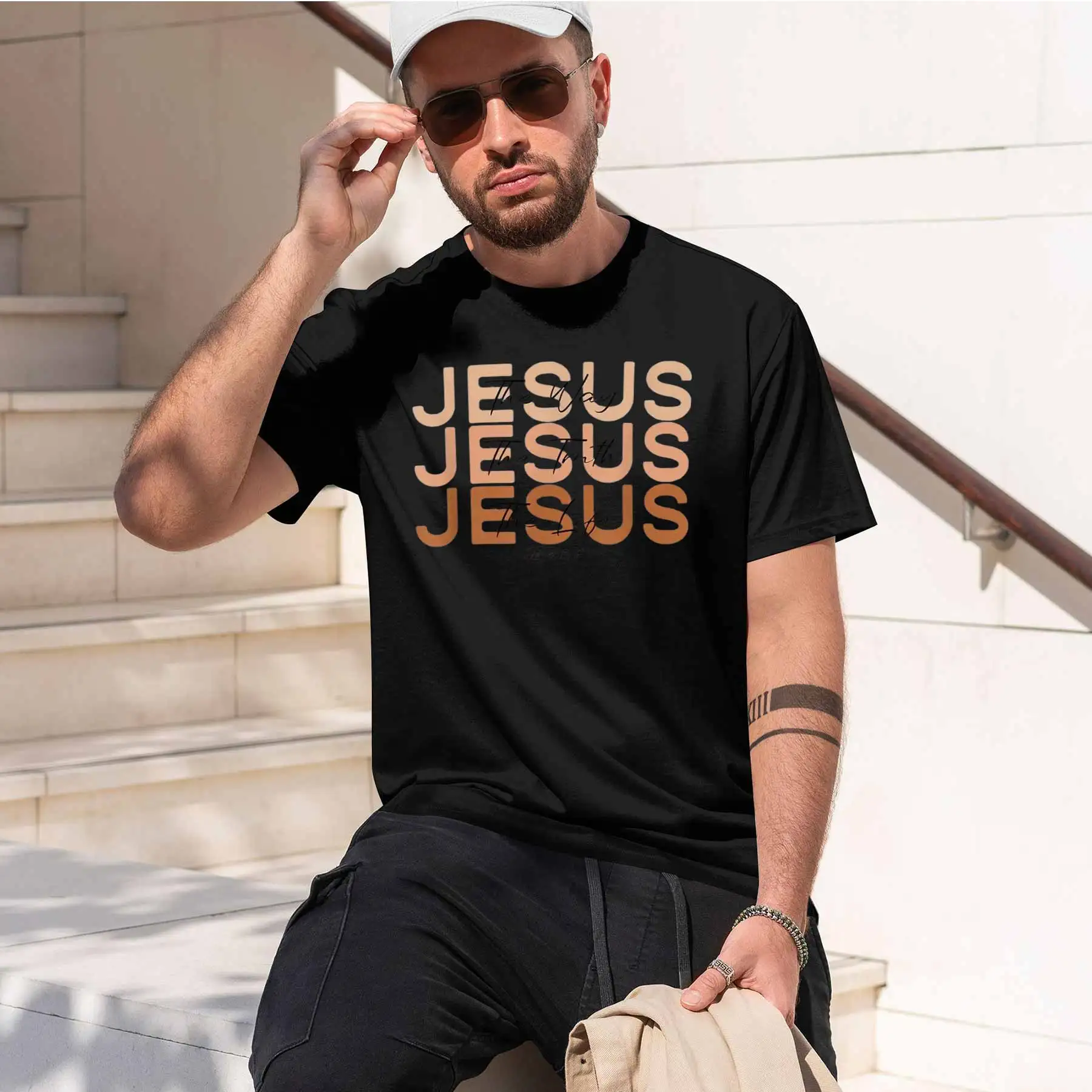 Nouveau t-shirt imprimé pour homme avec la citation de la Bible « Jésus est le chemin, la vérité, la vie » (Jean 14:6) – Haut décontracté imprimé