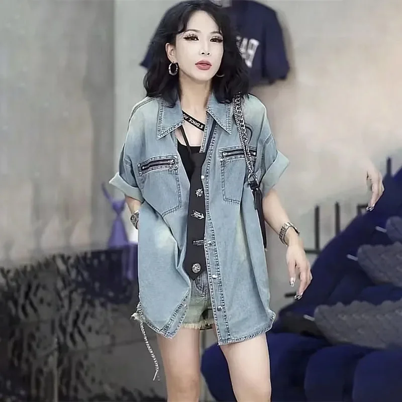 

2024 Fashion Casual Denim Shirt Women's Spring Summer New Tie Denim Jacket Loose Short-Sleeved Zipper Pocket Coat Top Female