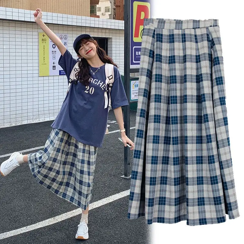 Blue Plaid Skirt Cheap Casual A-line Balloon Skirt Women\'s Summer Long Skirt for Woman Kawaii Clothes  Elegant Women\'s Skirts