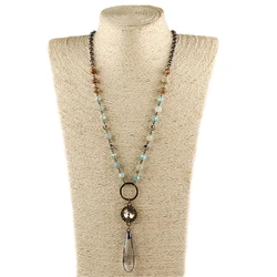 Fashion Bohemian Jewelry Necklace Beaded Stone and Crystal Rosary Chain Drop Pendant Necklaces For Women Festival Gift