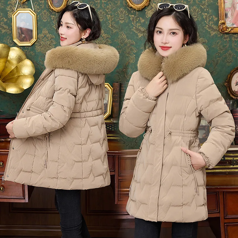 Women Winter Jacket Fashion Mid-length Clothes Slim Fur Collar Thick Cotton Coat Elegant Parka Overcoat Female Casual Outwear