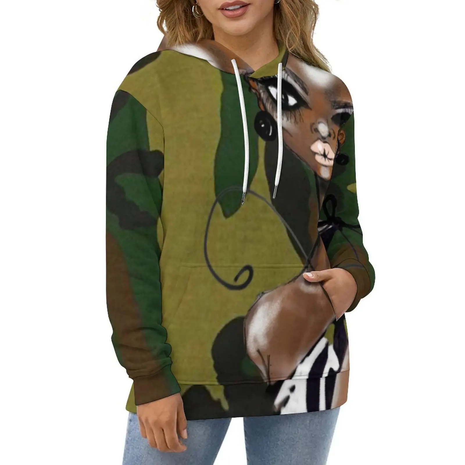 Grüne Camo Hoodies Langarm Schwarze Frau Druck Kawaii Casual Hoodie Winter Harajuku Übergroße Grafik Lose Kapuzenpullover