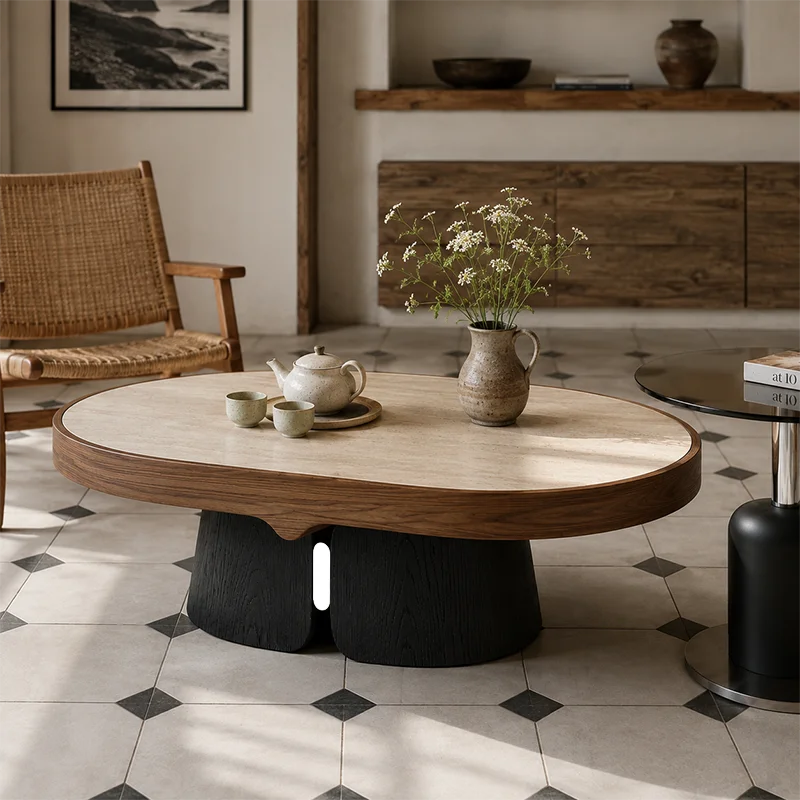 ub-Mid Century Durable Eco-Friendly Oval Solid Wood Coffee/Side Table Set Burnt Wood Split Hollow Base Metal Legs Nesting Table-