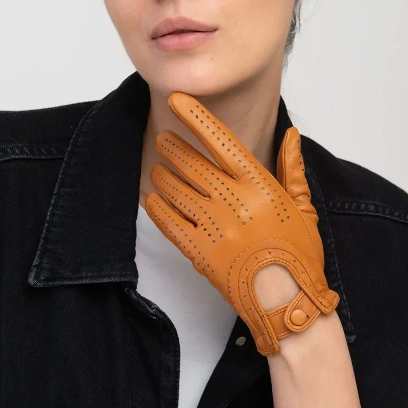 2026 Motorcycle Genuine Leather Gloves Sheepskin Gloves Fashion Women Summer Breathable Snap Button Colored Driving Gloves