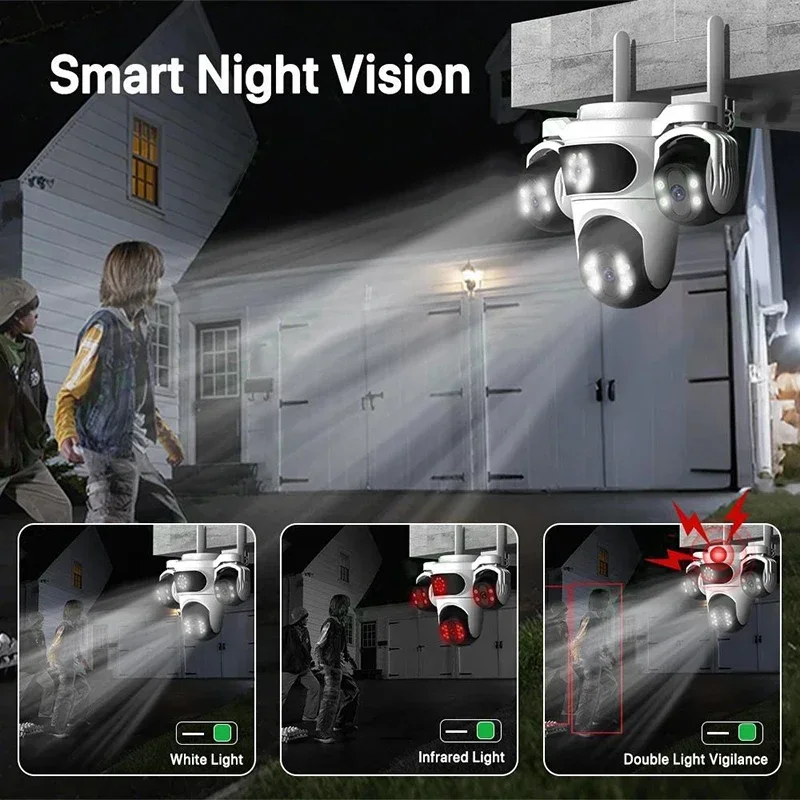 

6K WIFI Security Camera 15MP 4X Zoom Four Lens Three Screen PTZ Camcorder Human Detection Surveillance HD Wireless Monitor Cam