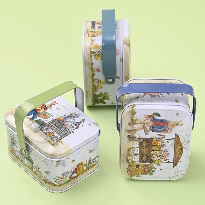 1PC Vintage Metal Tin Storage Case Rabbit Candy Box Gift Cookie Small Suitcase Sundries Organizer Can