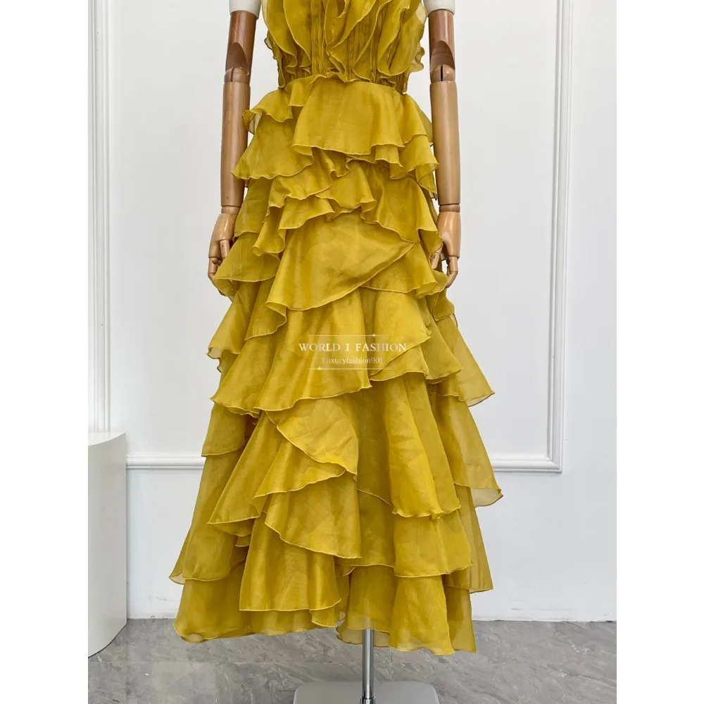 Yellow and Pink Sleeveless Pure Midi Dresses 2025 New Design High Quality