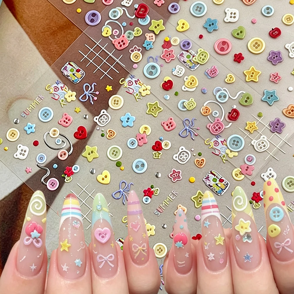 1pcs Cute Cartoon Button Nail Art Stickers Colorful Kawaii Bow Button Bear Heart Star Apple Y2K Decals DIY Manicure Decorations