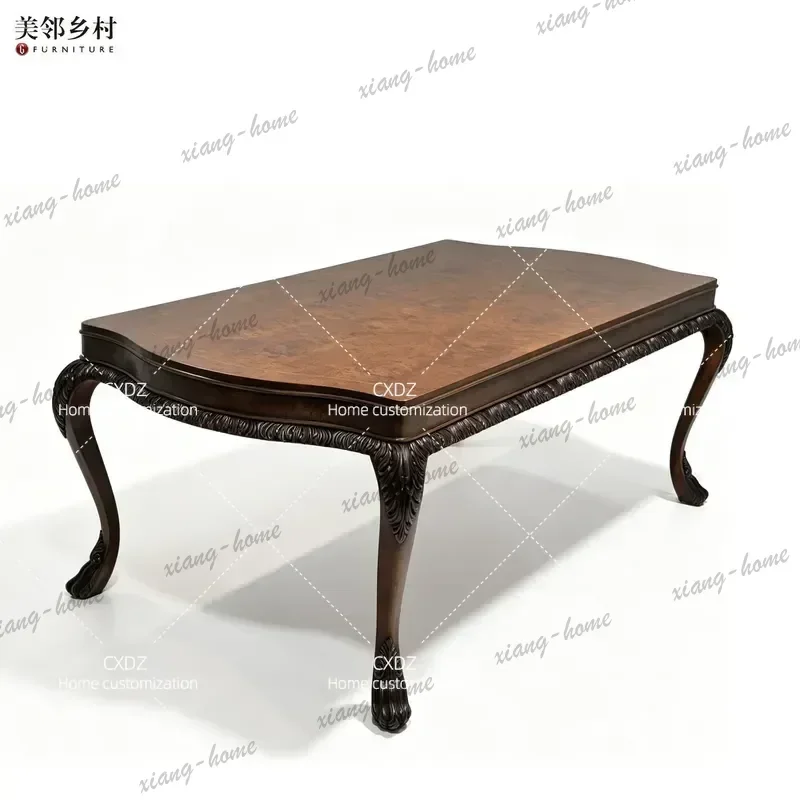PG Nostalgic Classical All Solid Wood Long Dining Table Set with Six Chairs Retro Style for Villa High End Customization