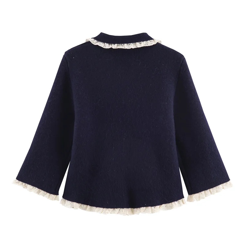 سترة نسائية 2025 شتاء نمط جديد أزرق كحلي ثلاثة أرباع كم الدانتيل المشذبة الياقة سترة متماسكة موضة عادية متعددة الاستخدامات #2