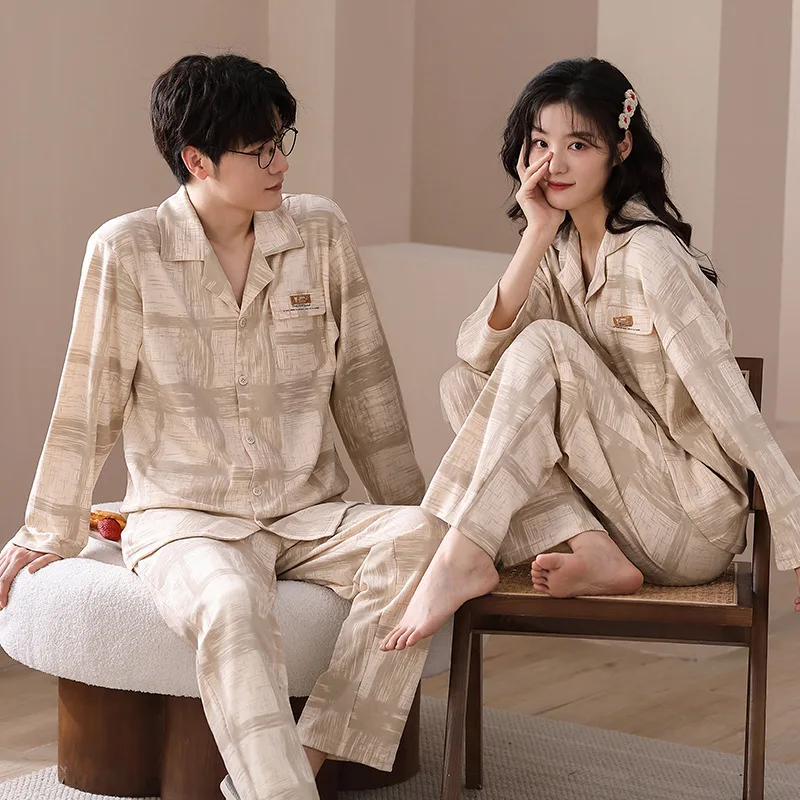 

100% Cotton Couples Homewear Cardigan Women's pajamas set Men's Nightwear Korean Fashion Loungewear Big Size 3XL Pjs Freeship