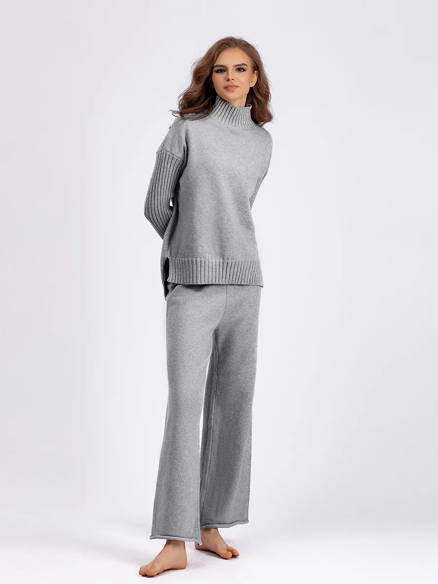 Fall Winter Knit 2 Pieces Sets Women Turtleneck Thick Loose Knitwears Sweater Tops Conjuntos High Waist Wide Leg Pants Outfit