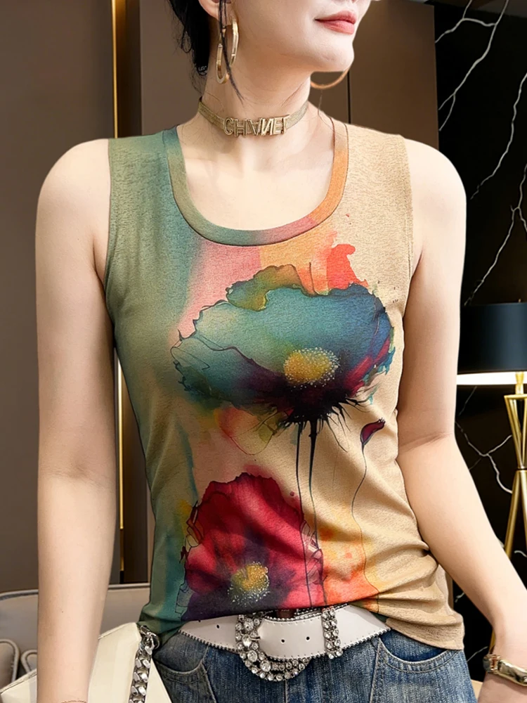2026 Summer New Fashion Positioning Printed Vest Sleeveless T-shirt Slim Fit Top for Women S590