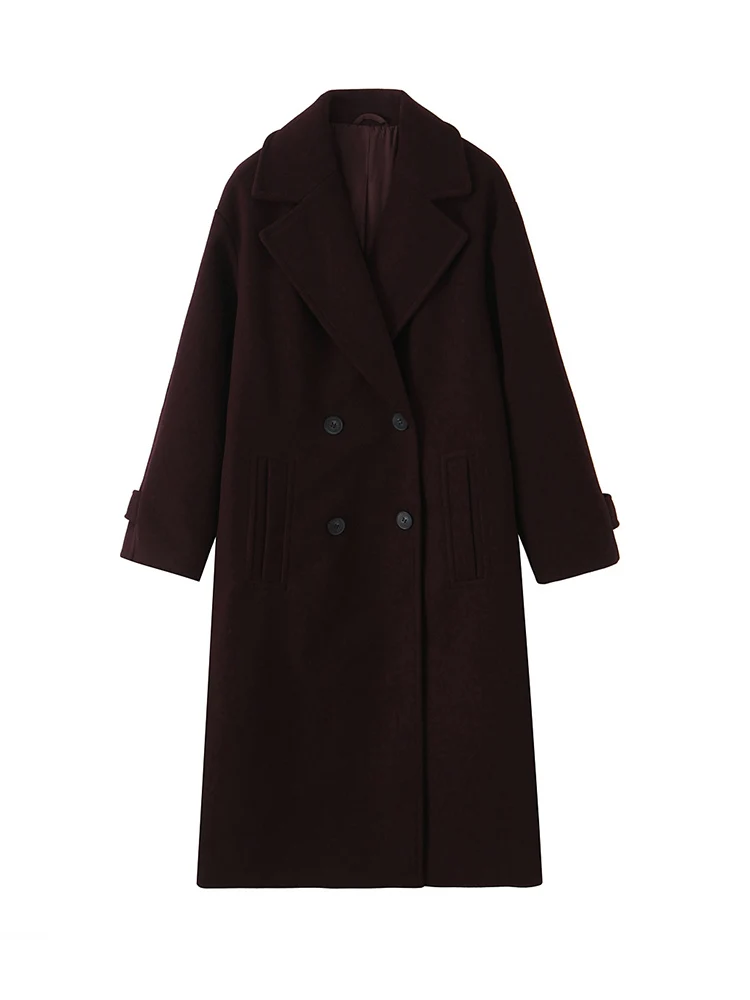 معطف صوف نسائي من TFMLN شتاء 2025 نمط جديد أنيق للركاب مزدوج الصدر معطف طويل فضفاض ناعم ودافئ ملابس للسيدات