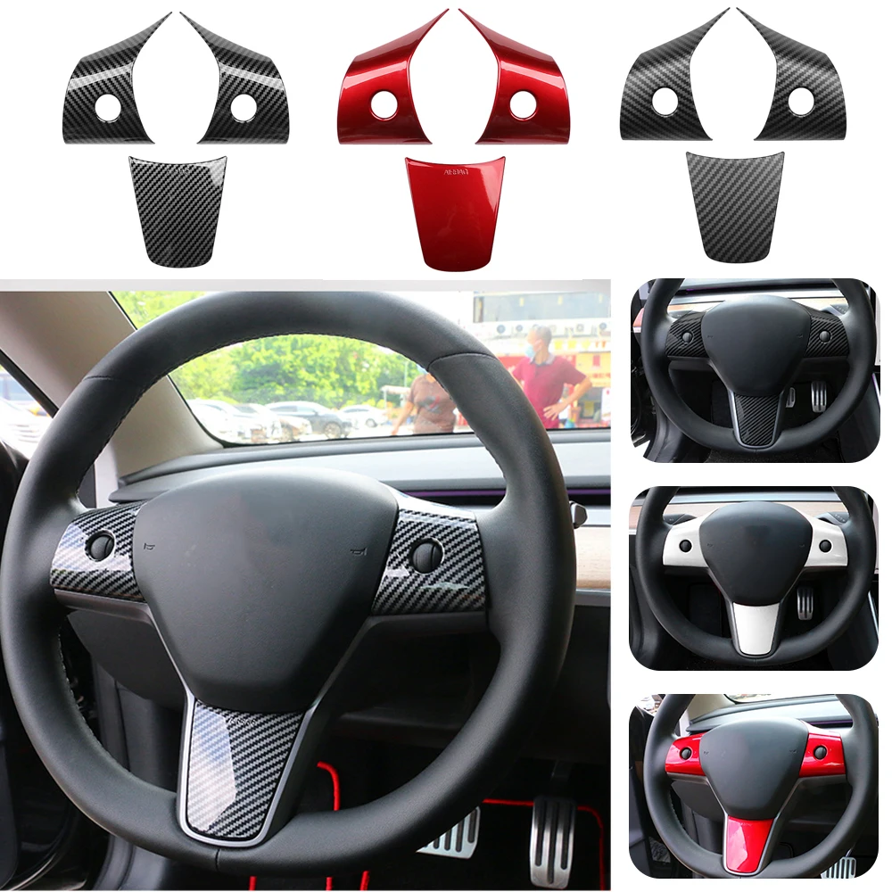 Steering Wheel Panel Decoration Cover Trim Moulding Sticker ABS Carbon Fiber Patch Accessories for for Tesla Model 3 Model Y