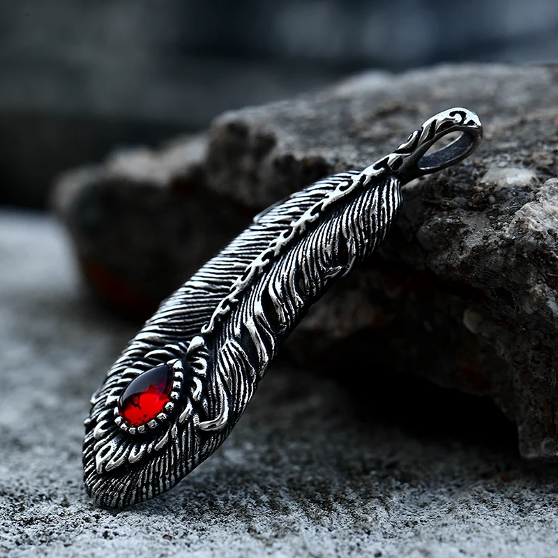 BEIER Hot Sell Popular Fire Feather Red Zircon Pendant Necklace Stainless Steel Fashion Jewelry For Men Women Cool Gift BP8-916