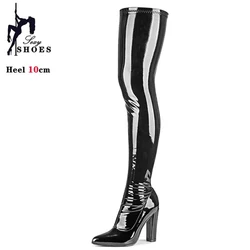 Pointed Toe Over-the-Knee Thigh High Women Boots Black Elastic Leather Chunk Heels Shoes For Woman Plus Size Long Boots Party