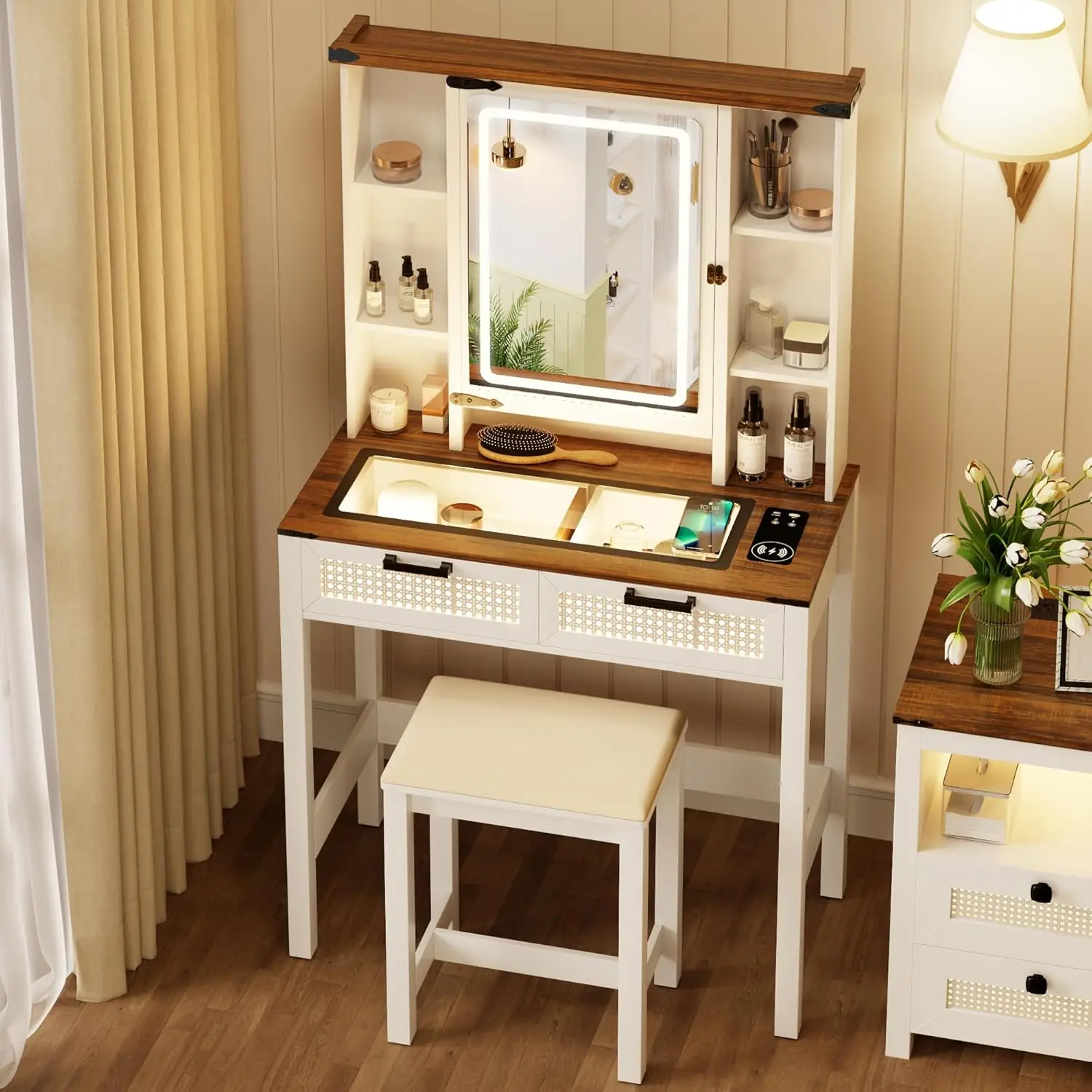 

Small Makeup Vanity Desk Set with LED Lighted Mirror and Charging Station, Antique White Dressing Table with 2 Rattan Drawers