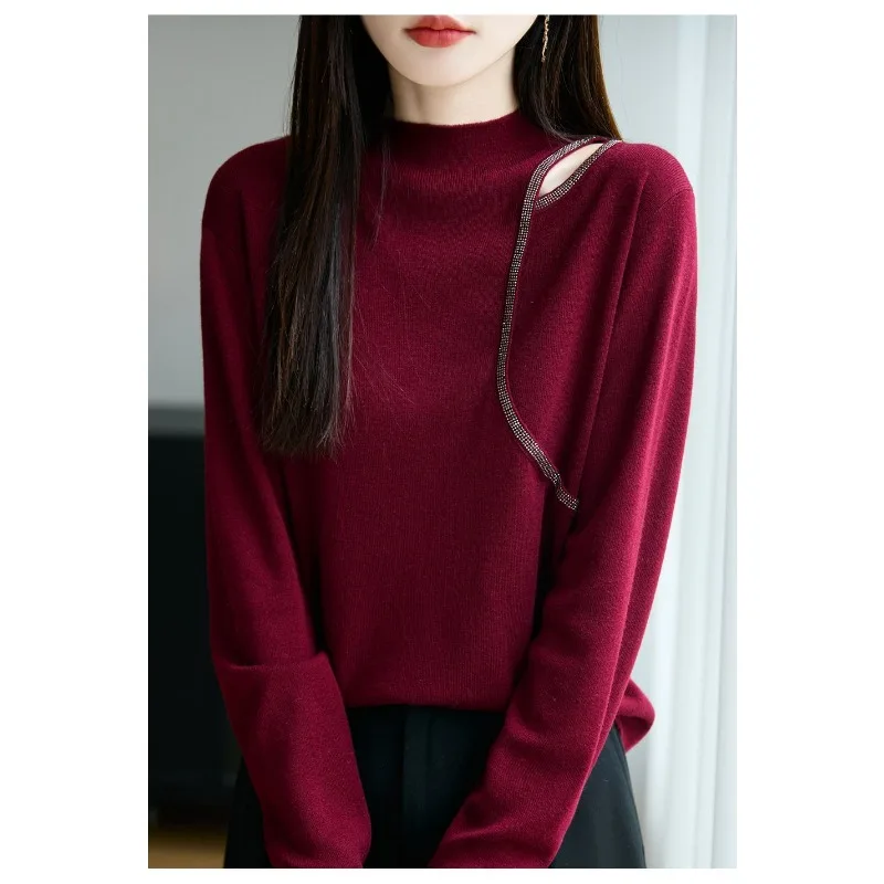 Halve coltrui gebreide wollen dieptepunt herfst winterstijl mode high-end trui met lange mouwen en holle sleutelbeen dames