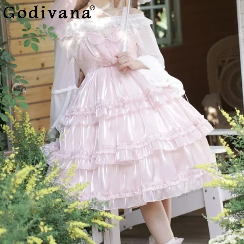 

Elegant Princess Lolita Solid Color Suspender Cake Dress Fashion High Waist A-line Versatile Age Reduction Party Fairy Dresses