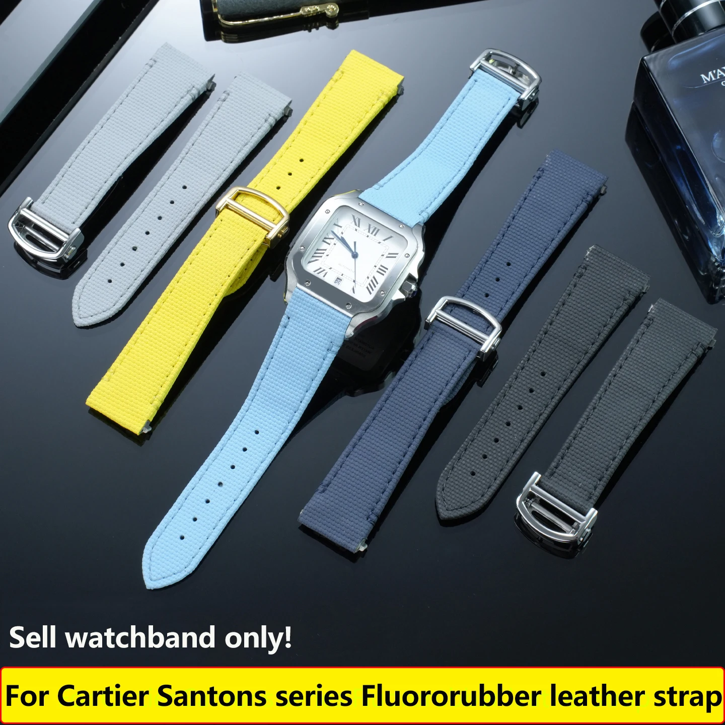 21mm Fluororubber Strap For Cartier Santons series fold buckle bracelet metal joint Quick release watchband Customizable colors