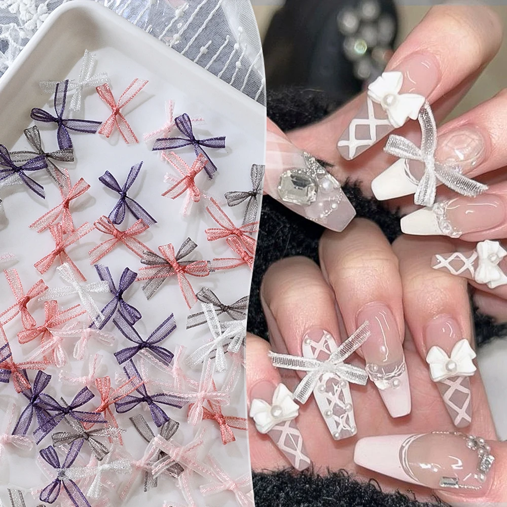 20pcs Multicolor Organza Gauze Bow Nail Charms Sweet Lolita Sheer Ribbon Bowknot Nail Decor 3D Fabric Bow Nail Art Accessories