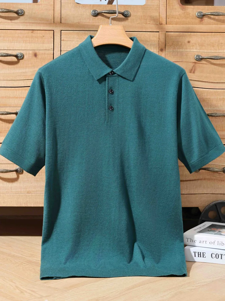 Spring Summer Men\'s Polo T-shirt Thin Soft Smart Casual Short Sleeve Pullover Sweater 30% Merino Wool Knitwear Korean Fashion