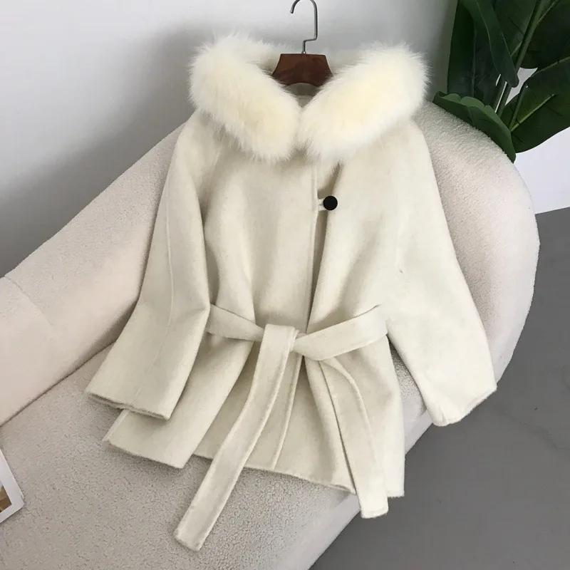 2024 Autumn Winter Double-sided Woolen Short Coat Women Double-sided Woolen Coat Women Hooded Fox Fur Collar Fashion Woolen Coat