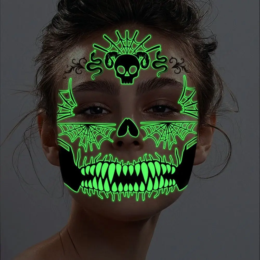 Glowing Mouth Halloween Luminous Tattoo Sticker Ghost Cobwebs Body Art Decals Green Scary Water Transfer Stickers Women Men