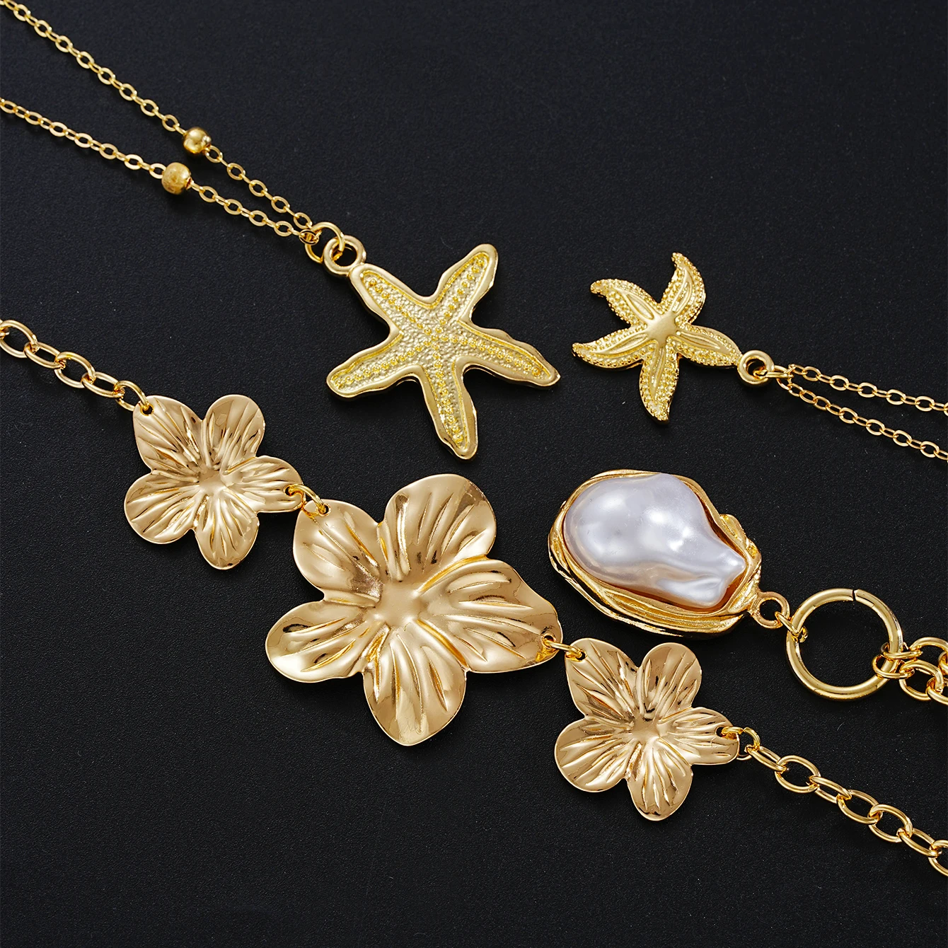 New Flower Starfish Imitation Pearl Pendant Necklaces for Women Fashion Gold Color Multilayer Necklaces Sets Party Jewelry Gifts image 5