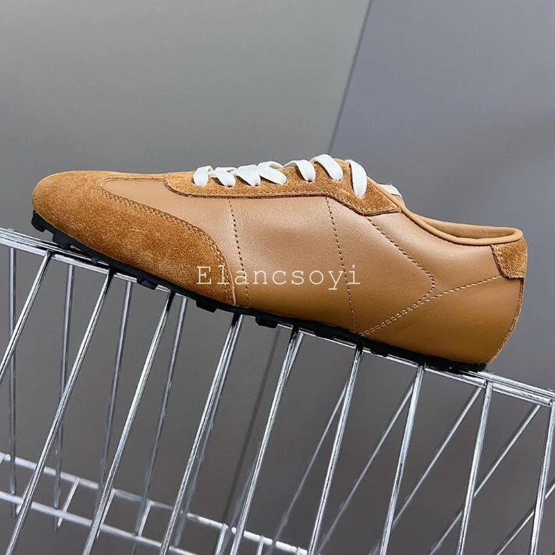 Spring Autumn Round Toe Splicing Color Blocked Flat Shoes Women Lace Up Casual Shoes Daily Walking Single Shoes Dou Dou Shoes