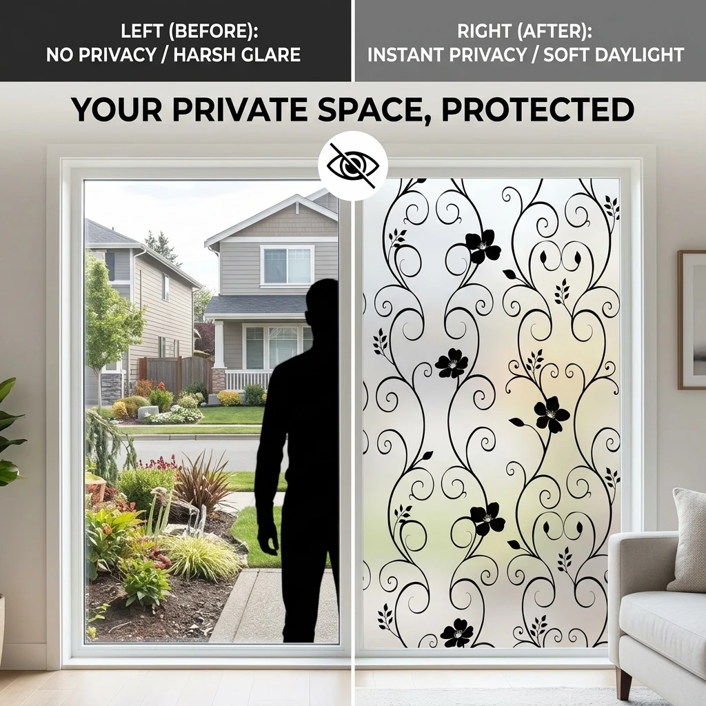 Elegant Retro Privacy Window Film with Curly Vine Flower Design Soft Light Filter Cuttable PVC Adhesive for Home Decor