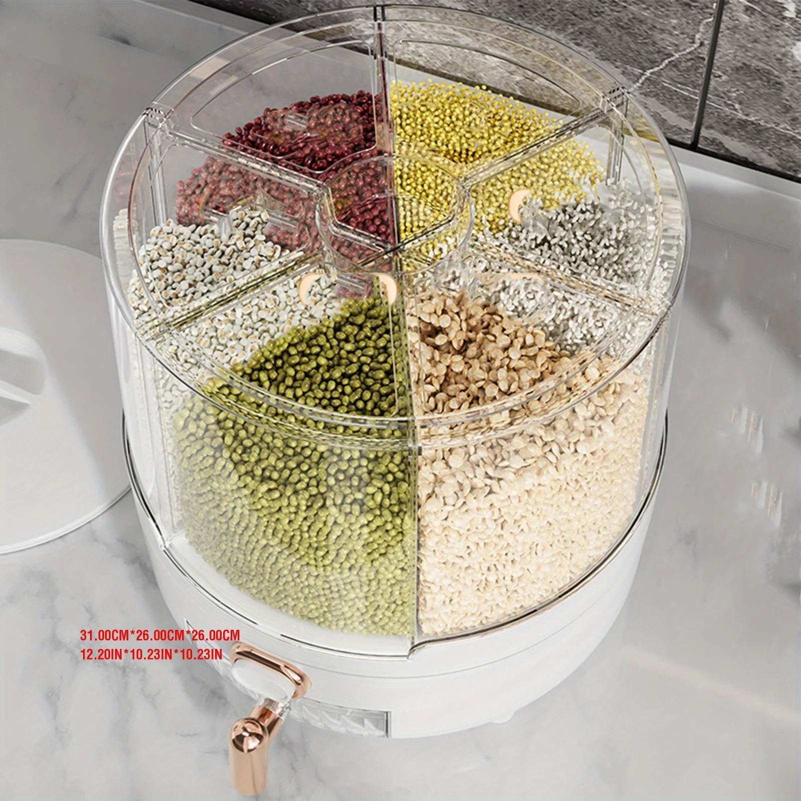 360 degree rotating grain distributor box PP plastic kitchen storage container for rice and beans with 6 compartments