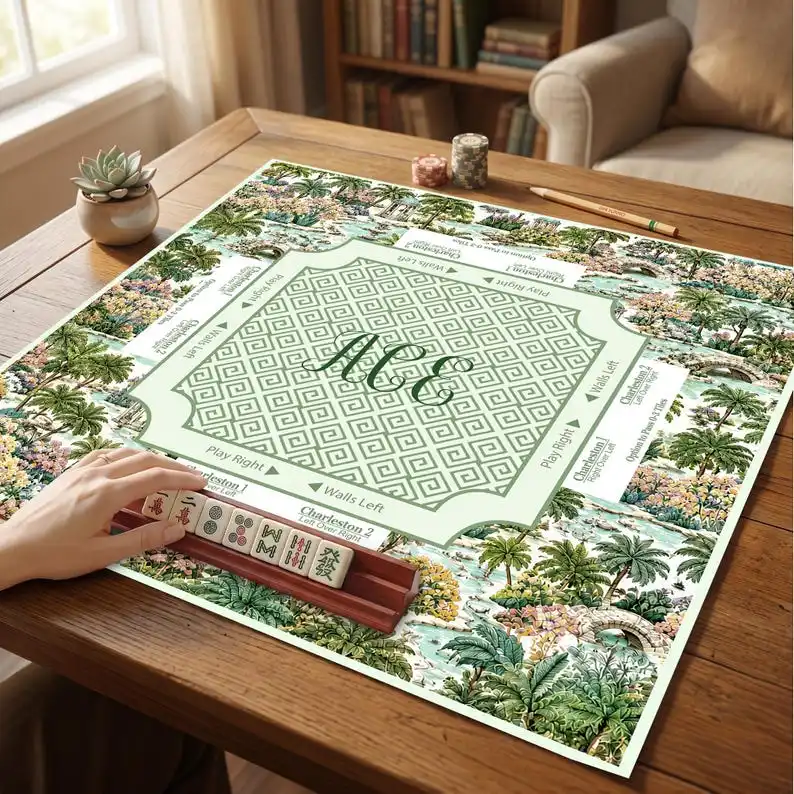 VIKAMA Tropical Garden Palm Mahjong Mat Non Slip Shock Absorb Soft Square Pad Washable For Holiday Home Mahjong Party