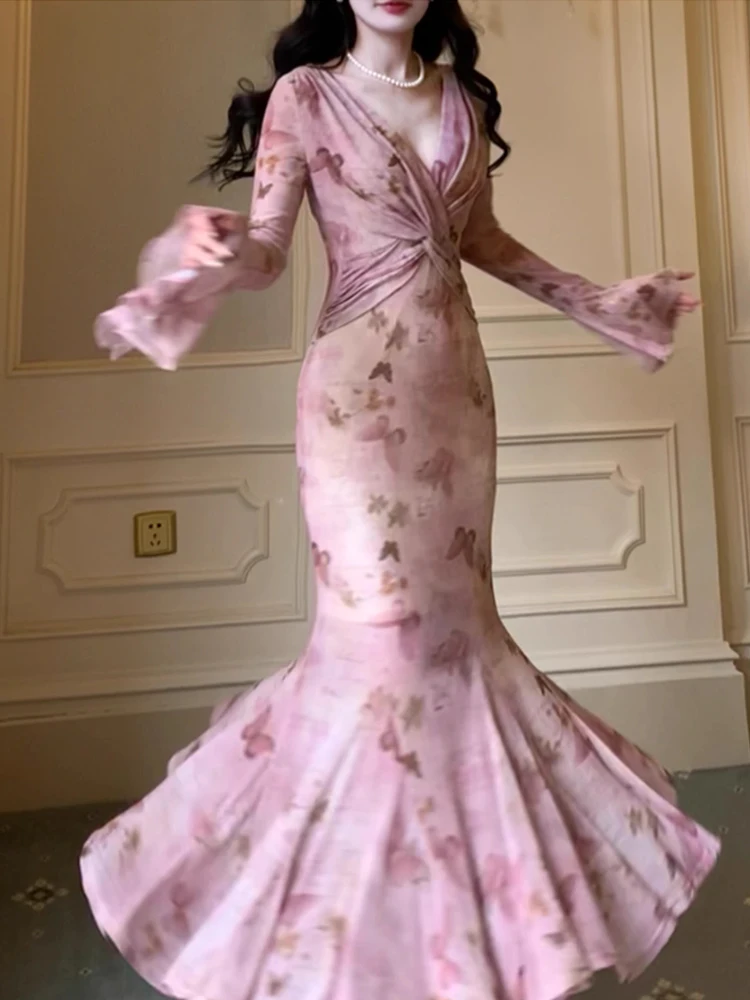 Elegant Mermaid Flare Sleeve Long Dresses 2-piece Set Vintage Sexy Pink Print Evening Club Robe Women Spring Summer Vestidos