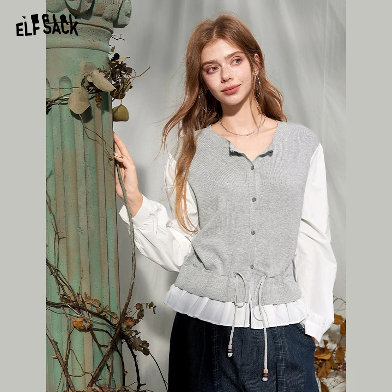 ELFSACK Women's Contrast Patchwork Cardigan with Drawstring Waist, Round Neck Long Sleeve Casual Top for Everyday Wear