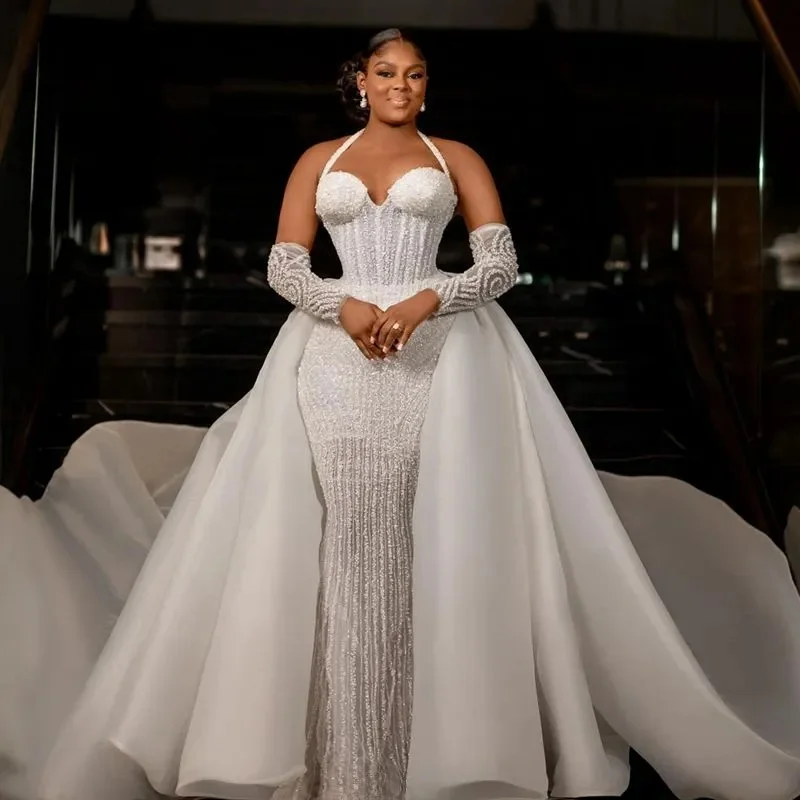 Customized Plus Size Wedding Dress For Bride Detachable Luxurious Mermaid Wedding Dress Bridal Gowns Halter Bead Lace