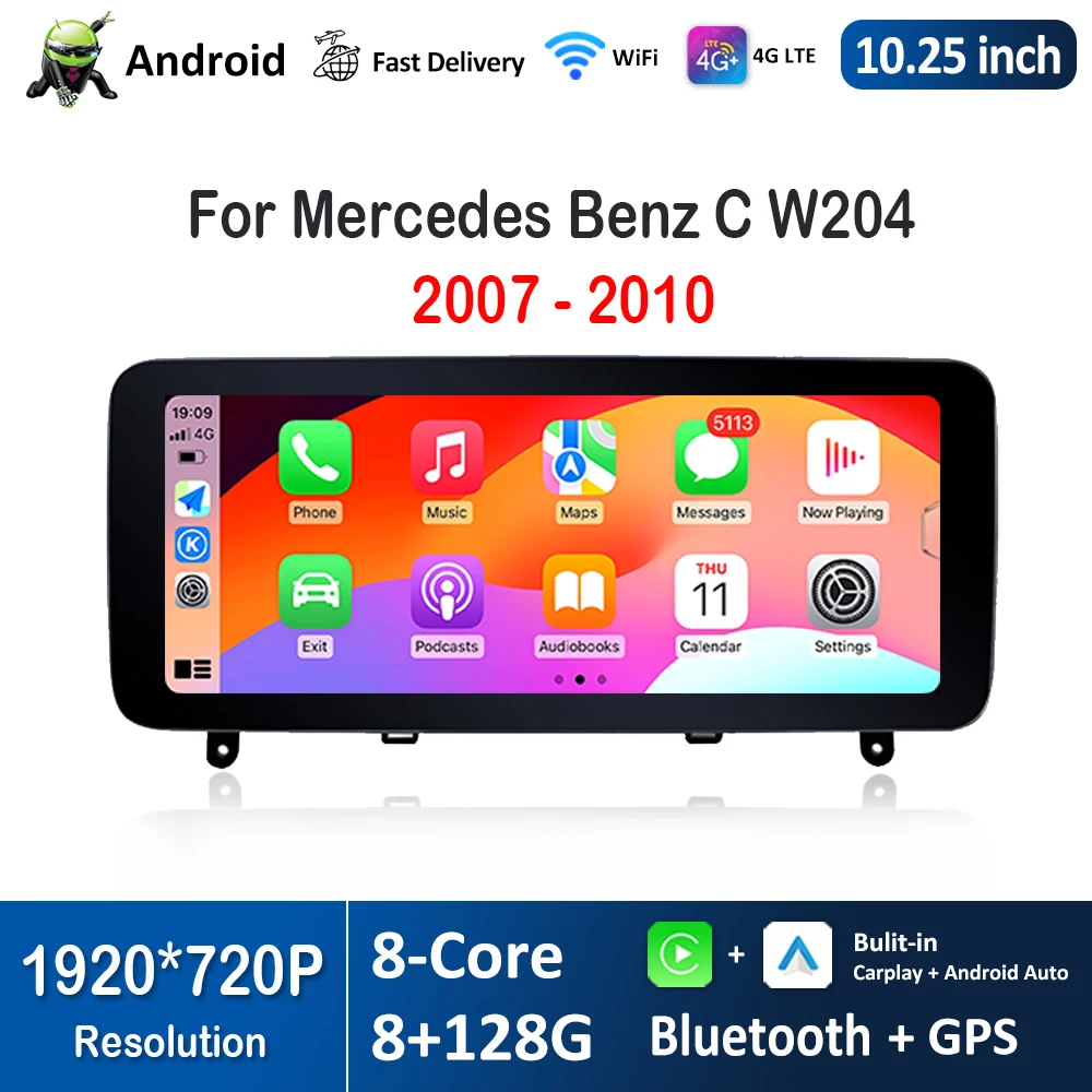 10.25 inch Android Car Radio Video Multimedia Player HD Touch Screen for Mercedes Benz C W204 2007- 2010 4G WiFi Bluetoot