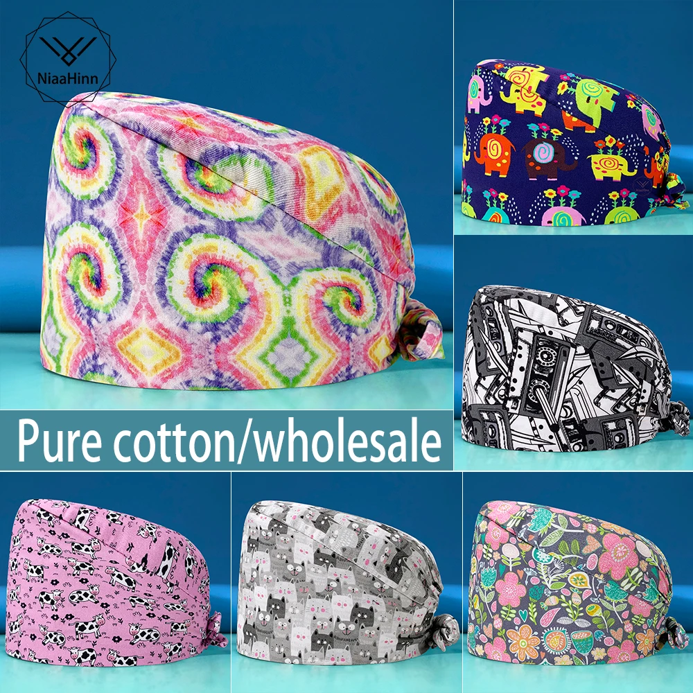 

Pure Cotton New Flower Printing Pet Nursing Beauty Agency Beautician Scrub Hat Men Women Cartoon Clinic Pharmacy Work Scrubs Cap