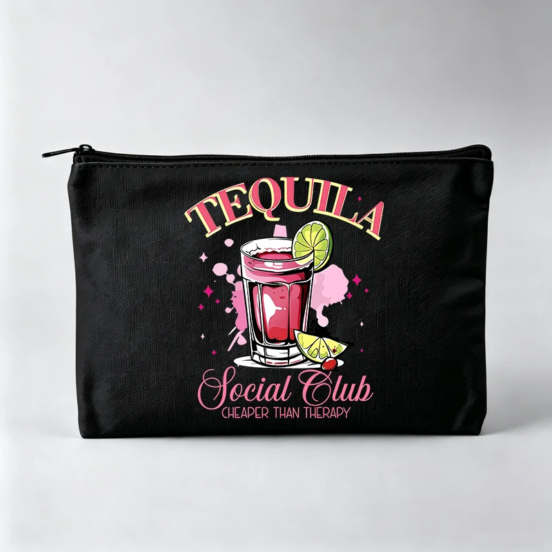 Women's Cocktail and Typography Print Makeup Bag, Fashion Cosmetic Pouch for Daily Use