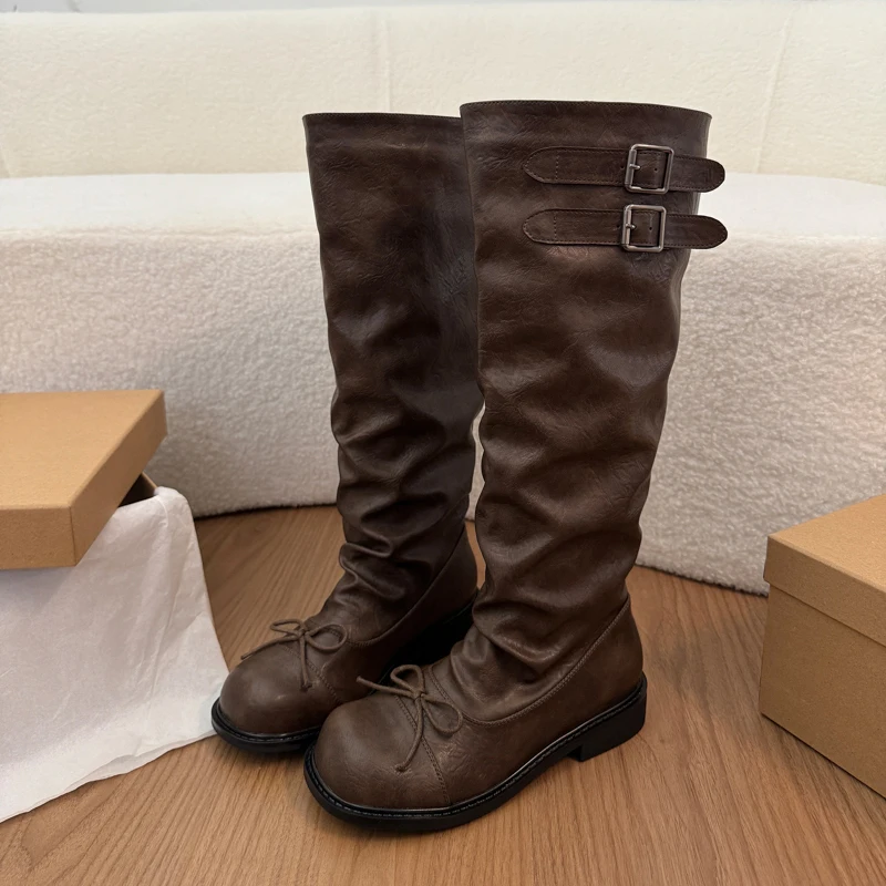 New Knee High Women's Boots Flats Shoes Bow Long Boots 2026 Winter Trend Buckle Leather Shoes Walking Chelsea Boots Zapatillas