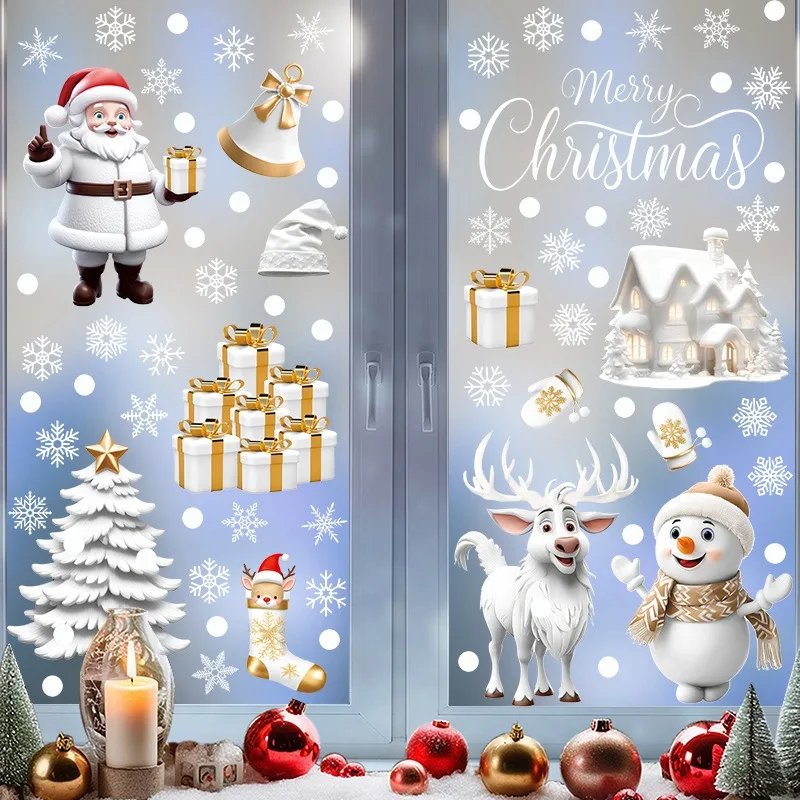 9 листов, рождественские наклейки на окно со снежинками, Лось, снеговик, наклейки на стену, витрина для дома, холодильника, декоративные наклейки Санта-Клауса