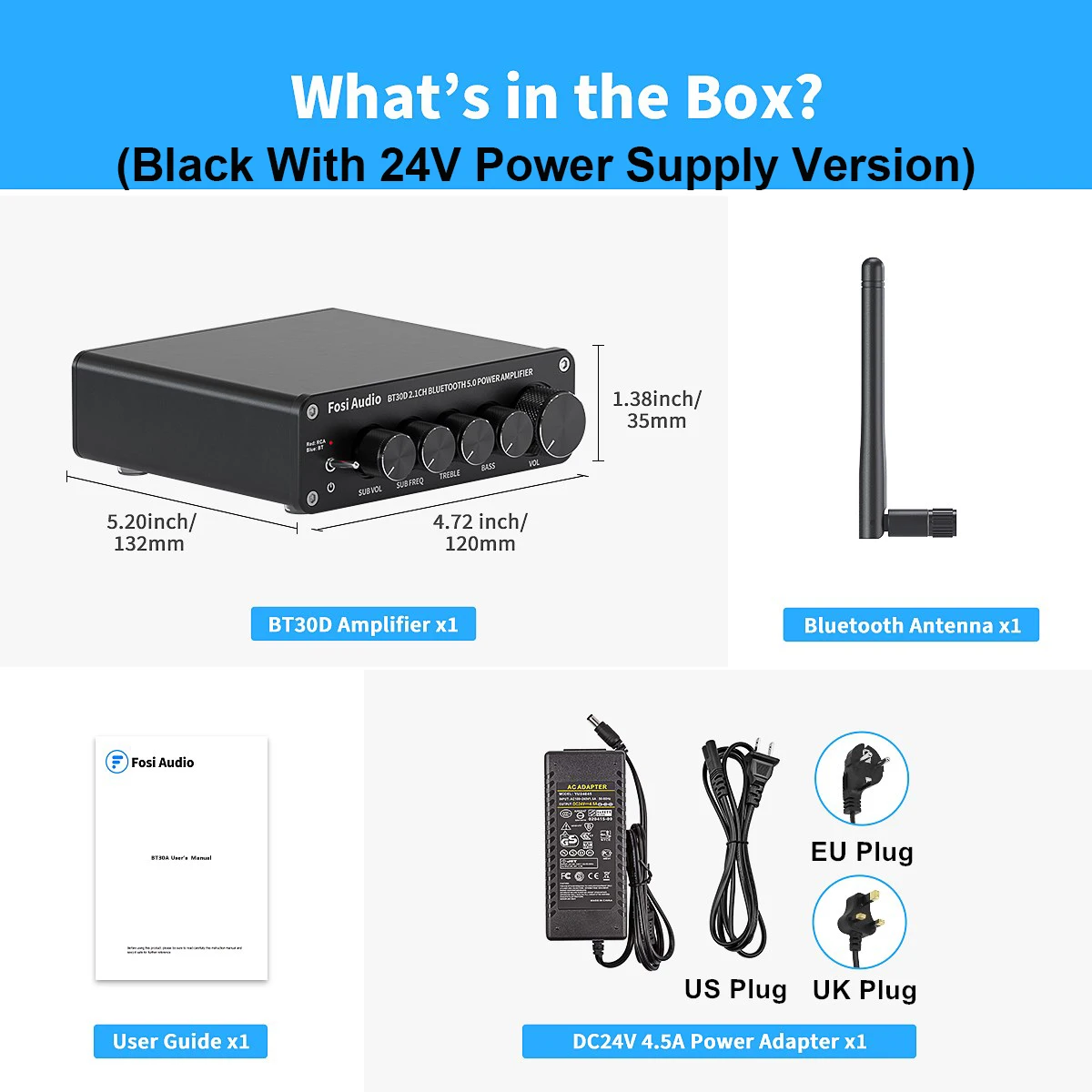 Mais novo Fosi Audio BT30D Amplificador de potência de som Bluetooth 2.1 canais Bass & Treble Control Amp Audio Subwoofer 100W + 50W x2
