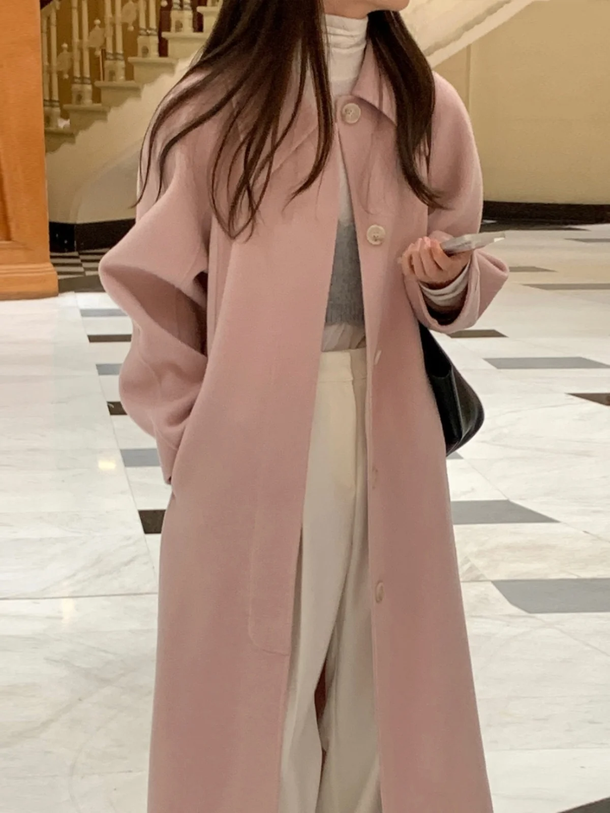 

Ele Long Woolen Coat Women's Winter Chic Vintage High Waist Belted Lapel Korean Sle Straight Cut Splicing Faionable
