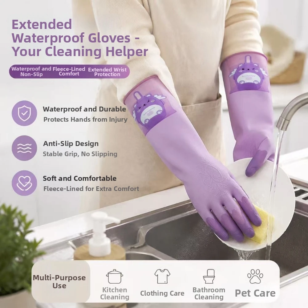 Non-Slip Dishwashing Gloves Tear-Resistant Cartoon Bear Household Gloves Reusable Hanging Kitchen Cleaning Gloves Multipurpose