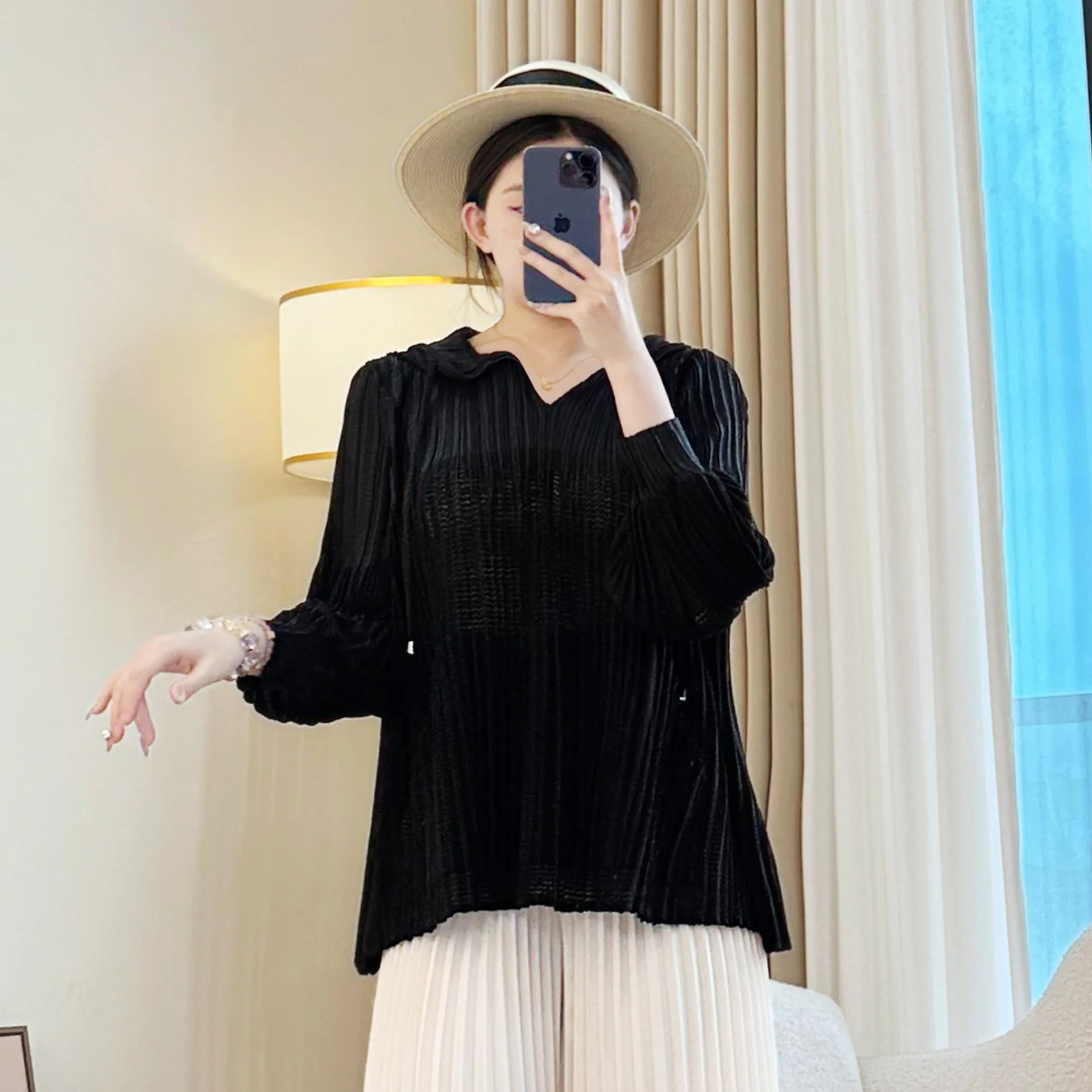 Damen Miyake Plissee Sweatshirt Chic Elastic Loose Casual Kapuzenpullover Tops Langarm Kordelzug Design Kleidung